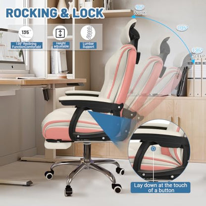Executive Computer Chair Home Office Desk Chair,Adjustable Angle, Ergonomic Adjustable Height PU Leather Chairs with Cushions Armrest for Long Time Seating-High Office Chair with Footrest - color: White and Pink