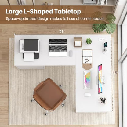 Tangkula 59” L-Shaped Executive Desk w/Power Outlets, Home Office Desk - color: White