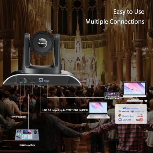 Tenveo AI Auto-Tracking PTZ Camera 3X Optical + 4X Digital Zoom, USB3.0/HDMI/RS232, 93° Wide-Angle for Video Conferencing, Business Meetings, Live Streaming, Church, Worship, Zoom, Teams, OBS - color: Obsidian