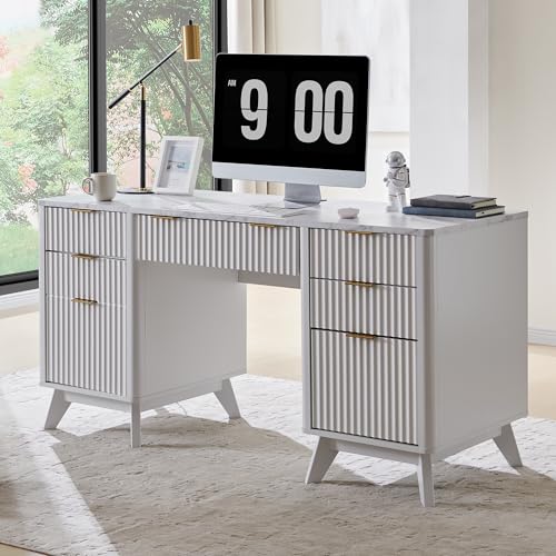 T4TREAM 60-Inch Modern Fluted Executive Desk with Drawers, Solid White | Charging Station, File Cabinet, Keyboard Tray, Storage Cabinet, Organized Workspace for Home, Office - color: Solid White