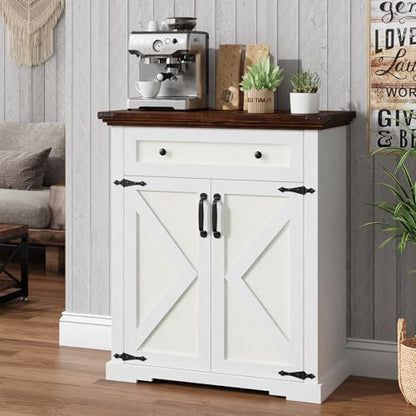 Coffee Bar Cabinet, 27.6" W Farmhouse Buffet Cabinet with Door & Drawer, Kitchen Cabinet with Adjustable Shelf for Hallway, Living Room, Dinning Room (White) - color: White