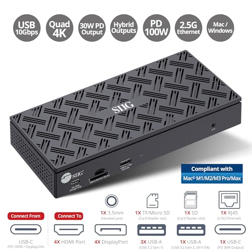 SIIG DisplayLink USB-C Dock, Quad 4K60Hz, 100W PD, 2.5GbE, JU-DK0Q11-S1 - style: Quad 4K Display