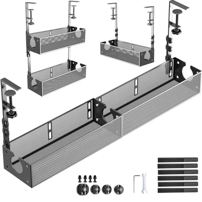Multi-Model Under Desk Cable Management Tray 2 Packs Metal Under Desk Wire Management Clamp Mount Under Table Cord Management No Damage The Desk (Black)
