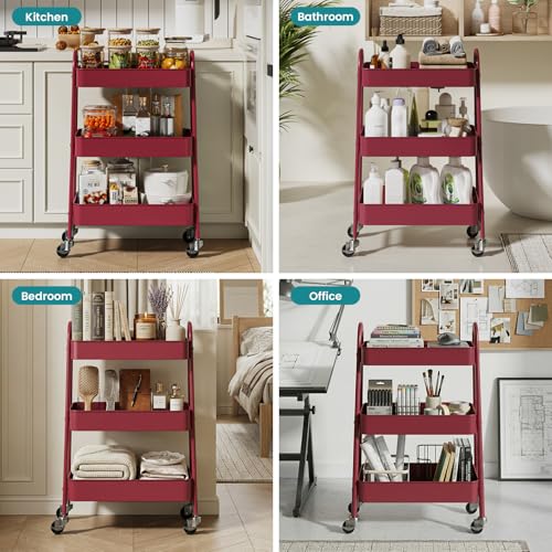 OLIXIS Metal 3 Tiers Rolling Storage Utility Cart with Lockable Wheels - color: Red, size: 3-Tiered 17 inches
