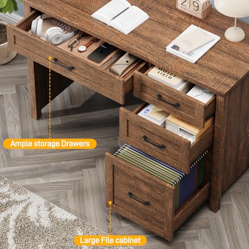 Farmhouse 47" Executive Desk, Computer Desk with File Drawer, Red-Brown - color: Red-brown, size: Right Mounted
