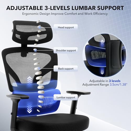 Ergonomic Office Chair Mesh – Adjustable Lumbar 3D Armrests High-Back Desk - color: Black-pf1