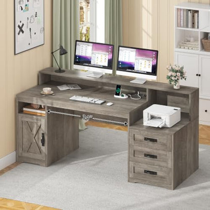 65" Farmhouse Computer Desk with Drawers and Printer Stand for Home Office - color: Grey
