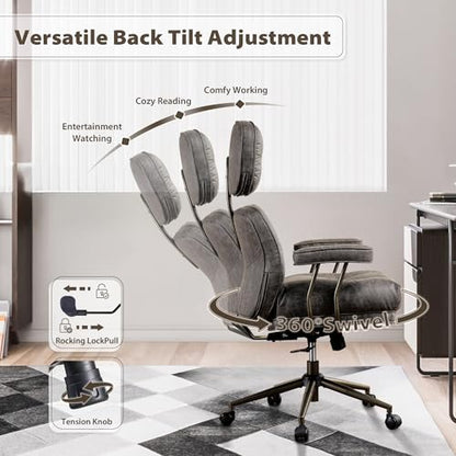 HOOOWOOO Ergonomic Mid Century Modern Office Chair, Comfy Executive Chair with Extra Wide Tufted Cloudy Seat, Lumbar Support, High Reclining Back, Suede Leather Grey - color: Charcoal Gray-cloudy Seat, size: High Back