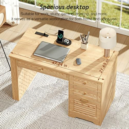 Ieejdn 47" Home Office Desks, Executive Desk, Farmhouse Computer Desk with Drawers and Charging Station, File Drawer, Storage Cabinet, Rustic Computer Writing Desk,Antique Natural - color: Natural, size: 47.24"