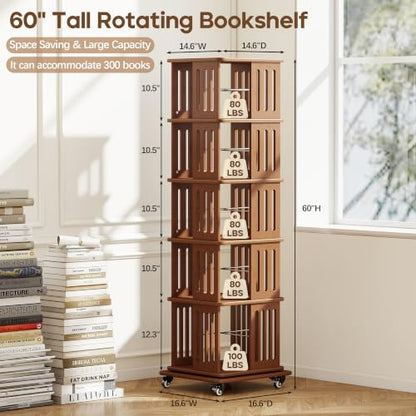 Baoz 60" Tall Rotating Bookshelf Tower, 5 Tier Walnut Spinning Bookcase