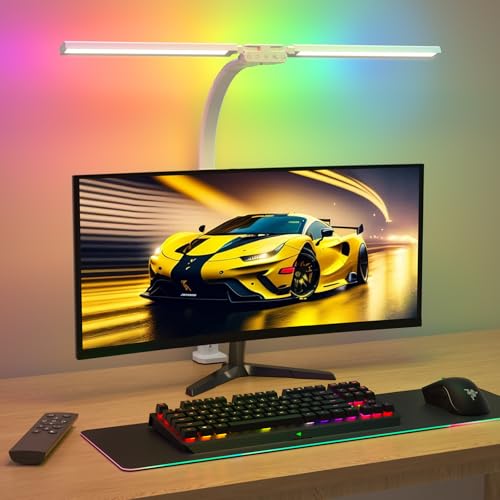SIBRILLE Upgraded LED Desk Lamp for Home Office with RGB, Rotatable Computer Desk Light with Remote, Tall Table Lamp with Clamp for Working, Dimmable Dual Head Task Lighting for Monitor PC, 22W - color: White RGB