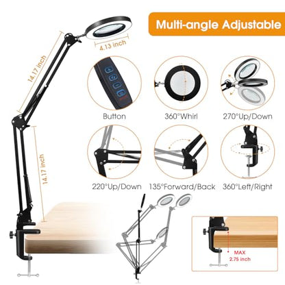 10X Magnifying Glass with Light, Clamp Design, 48 LEDs, Hands Free(Black)