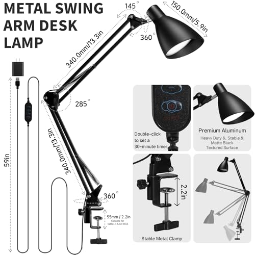 Swing Arm Desk Lamp with Clamp, Adjustable Arm LED Clamp on Desk Lamps with 5 Color Modes and 10 Brightness for Home Office Reading Drafting Study (Black) - color: Black