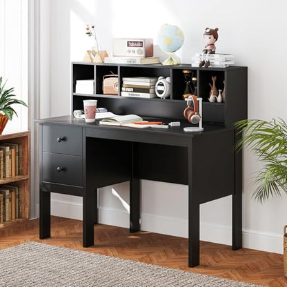 LDAILY Modern Home Office Desk with Hutch, Office Desk with USB Charging Ports and Power Outlets, Computer Desk with 5 Storage Cubbies and 2 Drawers, Writing Study Desk for Bedroom (Black) - color: Black