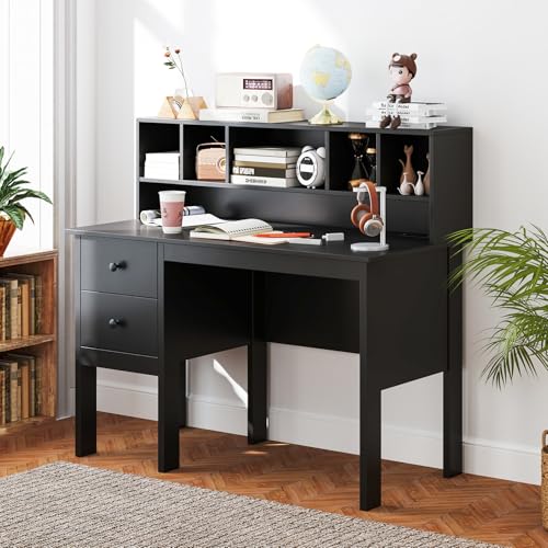 LDAILY Modern Home Office Desk with Hutch, Office Desk with USB Charging Ports and Power Outlets, Computer Desk with 5 Storage Cubbies and 2 Drawers, Writing Study Desk for Bedroom (Black) - color: Black