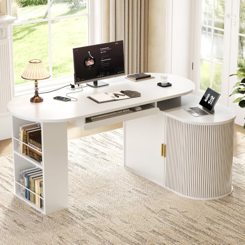 HSH 60 Inch L Shaped Computer Desk, Reversible L Desks with Storage Cabinet - color: White