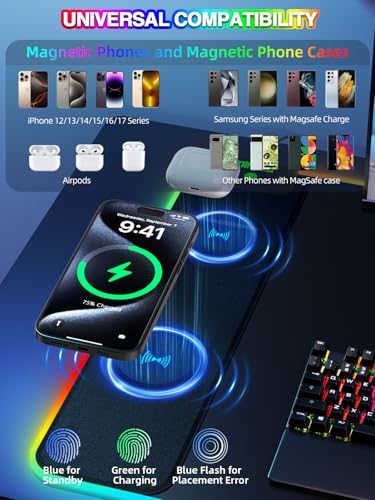 Mouse Pad with 15W Magnetic Wireless Charging 31.5x15.75 Inch, RGB Mousepad for Desk Mat, XXL Desk Pad with 11 Colors & 5 Modes, Home Office Large Keyboard Pad Waterproof Non-Slip for Gaming PC Setup - color: Black Touch Control Magnetic XXL
