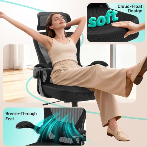 AreShark Office Chair - Ergonomic Desk Chair Breathable Mesh Chair with 2D Headrest & Adjustable Lumbar Support - Executive High Back Rolling Swivel Computer Gaming Chair with Wheels Flip-up Armrests - color: Black/Black