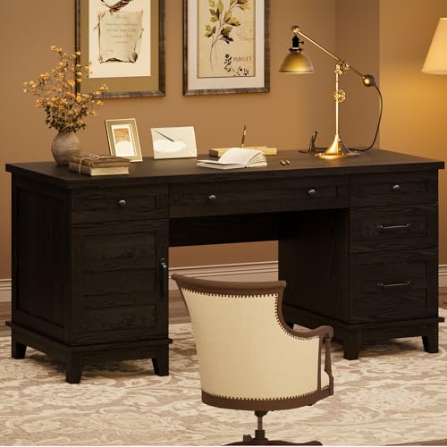 GarveeHome Farmhouse Executive Desk with File Drawers, 60 in Home Office Desk with Charging Station, Wooden Computer Desk with Cabinet Storage for Work Study Writing, Rustic Black - color: Rustic Black