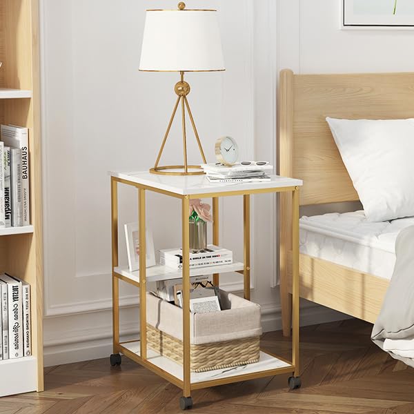 DlandHome Printer Stand with Locking Wheels, 3-Tier Shelf Printer Cart for Home Office Storage and Organization, Rolling Kitchen Utility Storage Cart, White & Golden