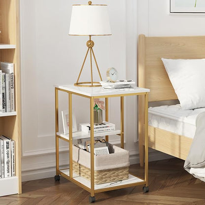 DlandHome Printer Stand with Locking Wheels, 3-Tier Shelf Printer Cart for Home Office Storage and Organization, Rolling Kitchen Utility Storage Cart, White & Golden