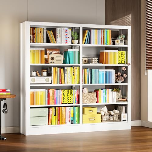 5-Tier Bookcase with Adjustable Storage Shelves, Metal Bookshelf with Book Stopper, Bookcase Shelf for Library, Office, Living Room (White-2) - color: White - Model 2