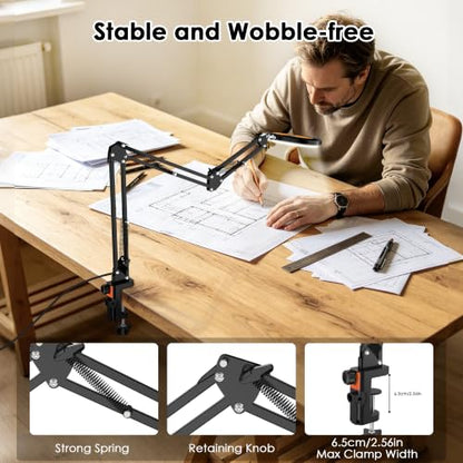 12X Magnifying Glass with Light and Stand Hands Free, Long Swing Arm Lighted Magnifier Lamp for Close Work, Dimmable Desk Magnifying Light with Clamp for Soldering Craft Jewelry Bench Sewing - size: 43in