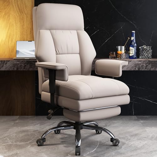 Office Chair with Leg Rest, Leather High Back Executive Office Chair with Wheels, Ergonomic Desk Chairs with Lumbar Support for Home Office, Beige - color: Light Beige
