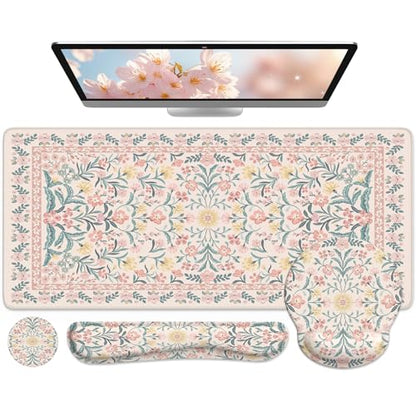 iCasso Desk Pad Mat, Large Mouse Pad and Keyboard Wrist Rest Set, Desk Protector Mat,4in1 Ergonomic Carpal Tunnel Keyboard Pad with Wrist Support for Desktop Cover Home Office Computer(Pink Flowers) - color: Pink Vine Flowers