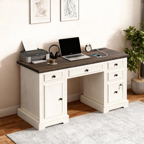 Vipbear 59" Farmhouse Executive Desk with Drawers, Wood Home Office Computer Desk, Featuring Lockable File Drawer, Storage Cabinet & Power Outlet Storage Cabinet for Work Study Writing (White) - color: White, size: 59 Inch