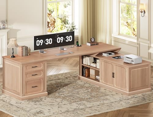 SEDETA Farmhouse L Shaped Desk with Drawers, 70.9" Home Office Desk with Storage Cabinet and Storage Shelves, L Shaped Computer Desk with Power Outlet，Oak - color: Oak, size: 70.9" L Shaped Desk
