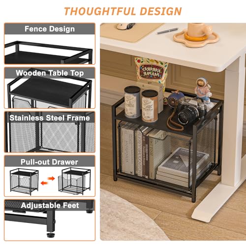 JKsmart Under Desk Storage, Printer Stand with Drawer, Rolling File Cabinet with Adjustable Table Top, 2 Tier Industrial Shelf on Fixed Feet Wheels, Sofa Side Table Organizer for Home, Office, Black