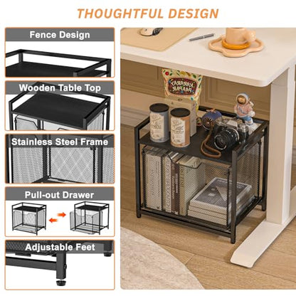 JKsmart Under Desk Storage, Printer Stand with Drawer, Rolling File Cabinet with Adjustable Table Top, 2 Tier Industrial Shelf on Fixed Feet Wheels, Sofa Side Table Organizer for Home, Office, Black