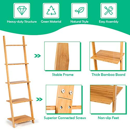 Tangkula Bamboo 5-Tier Ladder Shelf Bookshelf, Wall-Leaning Bookshelf, Plant Flower Stand, Storage Display Shelves for Living Room Bathroom Office, Multifunctional Ladder Bookcase (Natural) - size: 17" x 14" x 65" (L x W x H)