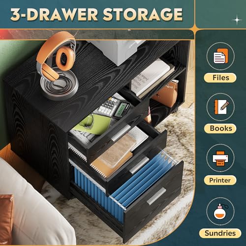 DEVAISE Wood File Cabinet, 3 Drawer Lateral Filing Cabinet Black - color: Black