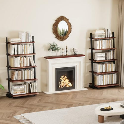 IBF 5-Tier Solid Wood Ladder Bookshelf with Natural Live Edge | Rustic Walnut Storage & Display Leaning Bookcase, Modern Space-Saving Shelf for Living Room, Bedroom, Home Office - size: 5 Tier
