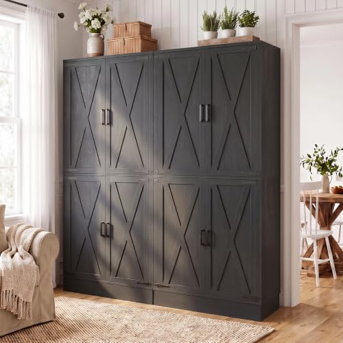 Unikito 71" Tall Kitchen Pantry Storage Cabinet with 2 Built-in Drawers | 63" Wide Wood Farmhouse Storage Cabinet with Barn Doors and 6 Shelves, for Home Kitchen,Dining/Living/Laundry/Room - color: Black, size: 31.5" W (2 Pack)