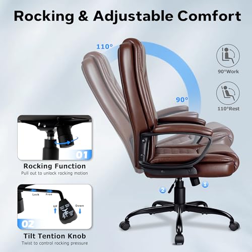 Office Chair, High Back Ergonomic Home Office Desk Chairs with Lumbar Support, Adjustable Big and Tall Computer Chair, 360° Swivel, PU Leather, Brown - color: Brown