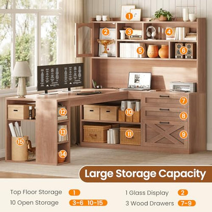 SEDETA 61" L Shaped Office Desk with Drawers and Storage, Light Brown - color: Brown, size: 61 inches