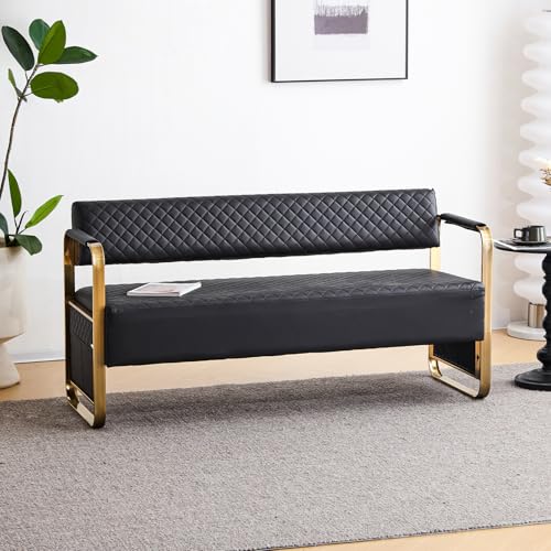 OmySalon Waiting Room Chairs with Arms, 57.5’’ Office Guest Chair upholstered Bench Seating, Reception Furniture for Beauty Salon Barbershop Airport Bank Hall Room Conference, Black&Gold