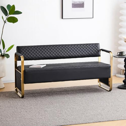 OmySalon Waiting Room Chairs with Arms, 57.5’’ Office Guest Chair upholstered Bench Seating, Reception Furniture for Beauty Salon Barbershop Airport Bank Hall Room Conference, Black&Gold