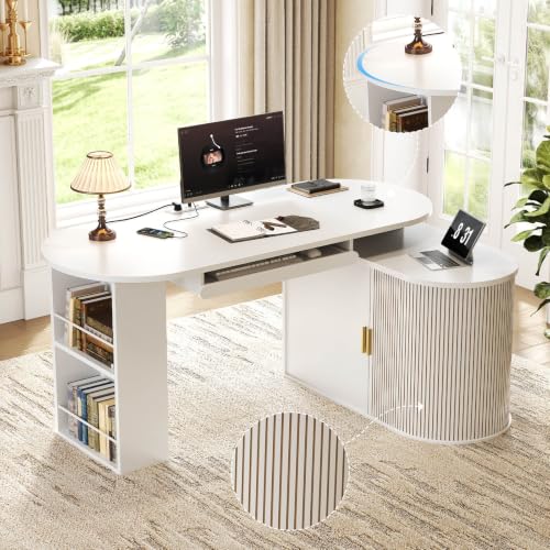 HSH 60 Inch L Shaped Computer Desk, Reversible L Desks with Storage Cabinet - color: White