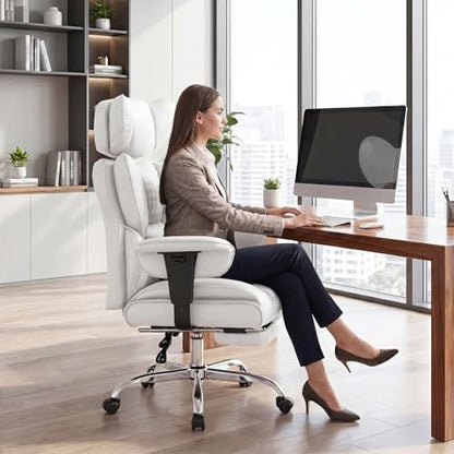 DUMOS Big and Tall Home Office Desk Chair, Executive Chair with Footrest - color: White-l, size: Adjustable Armrest