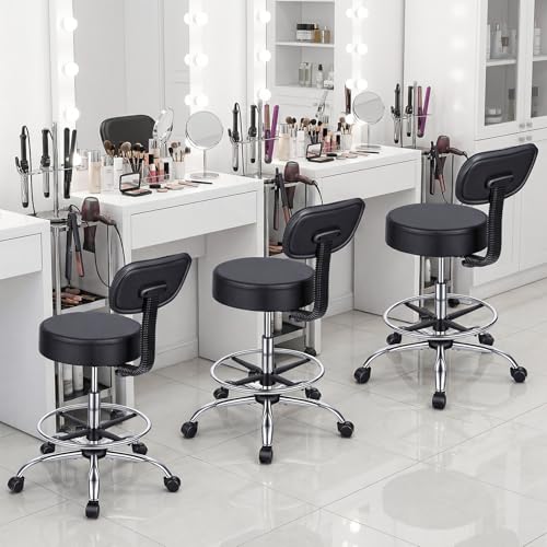 Wufuuoa Drafting Chair with Backrest, Height Adjustable Rolling Stool with Footrest Ring, Faux Leather Thick Cushion Office Stool, Heavy Duty 250lbs Capacity for Workshop Garage Salon Kitchen Black