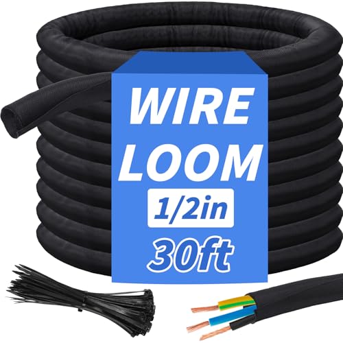 30ft - 1/2in Split Braided Sleeve Cable Management, Self-Wrapping | Flexible loom tubing protects wires from abrasion and heat. Great for automotive, TV, computer, and home electrical use. - size: 1/2inx30ft