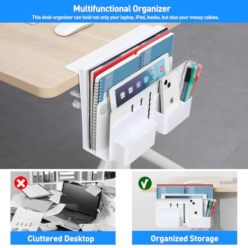 MAXECHO Desk Side Storage, Under Desk Laptop Mount, Table Side Hanging File Organizer, No Drill Clamp On Cable Management Tray, Laptop Holder with Magnetic Pen Holder for Office and Home, Load 22 Lbs - color: White