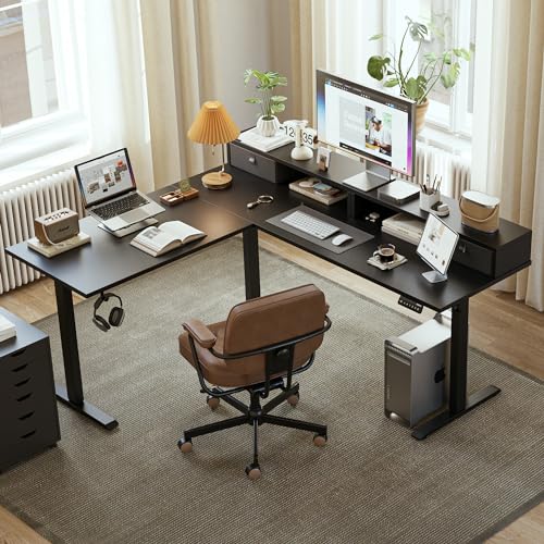 Agilestic 63 Inch L Shaped Electric Standing Desk with Drawer, Black - color: Black, size: 63x55.1 Inch Pro