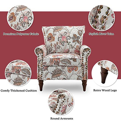 HULALA HOME Traditional Floral Accent Chair with Solid Wood Legs, Pink | Comfy Upholstered Armchair Reading Chair with Rolled Armrests, Nailhead Trim, Removable Cushion, for Living Room Bedroom - color: Pink