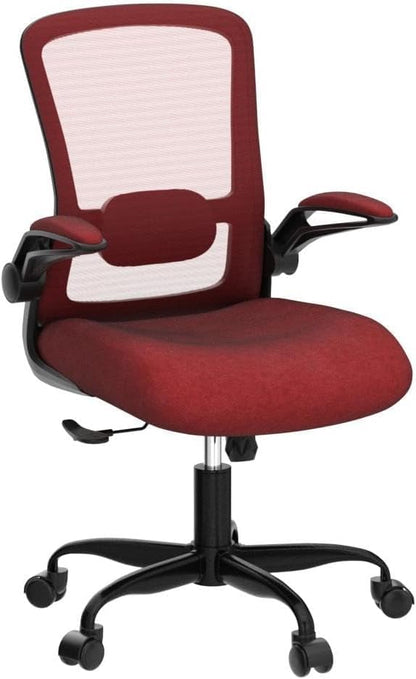 Ergonomic Office Chair w/Adjustable Lumbar, Flip Armrest, 135° Recline - color: Red, Carmine Roses