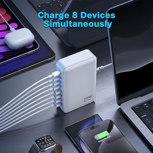 200W USB C Charger USB C Charger Block,Upgraded GaN III 8-Port Fast Charging Station Hub,PD 65W Laptop Charging Adapter Compatible with MacBook Pro/Air,DELL,Steam Deck,iPhone 16/15/14,Galaxy S23/22 - size: 200W